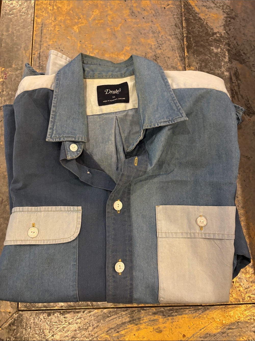 Drakes Patchwork Denim Button-Down